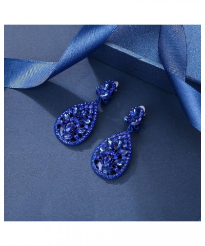 Clip On Earrings for Women Rhinestone Crystal Wedding Bridal Bohemia Teardrop Chandelier Dangle Earrings Royal Blue Color Blu...