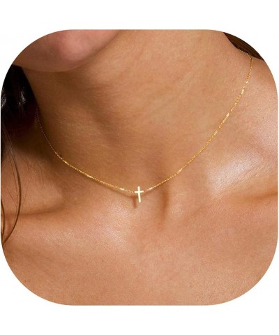 Cross Necklace for Women - 14K Gold Plated Cross Necklace Layered Gold Cross Necklace Tiny Sideway Cross Choker Necklace Gold...