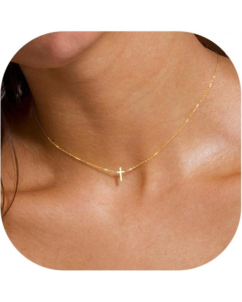 Cross Necklace for Women - 14K Gold Plated Cross Necklace Layered Gold Cross Necklace Tiny Sideway Cross Choker Necklace Gold...