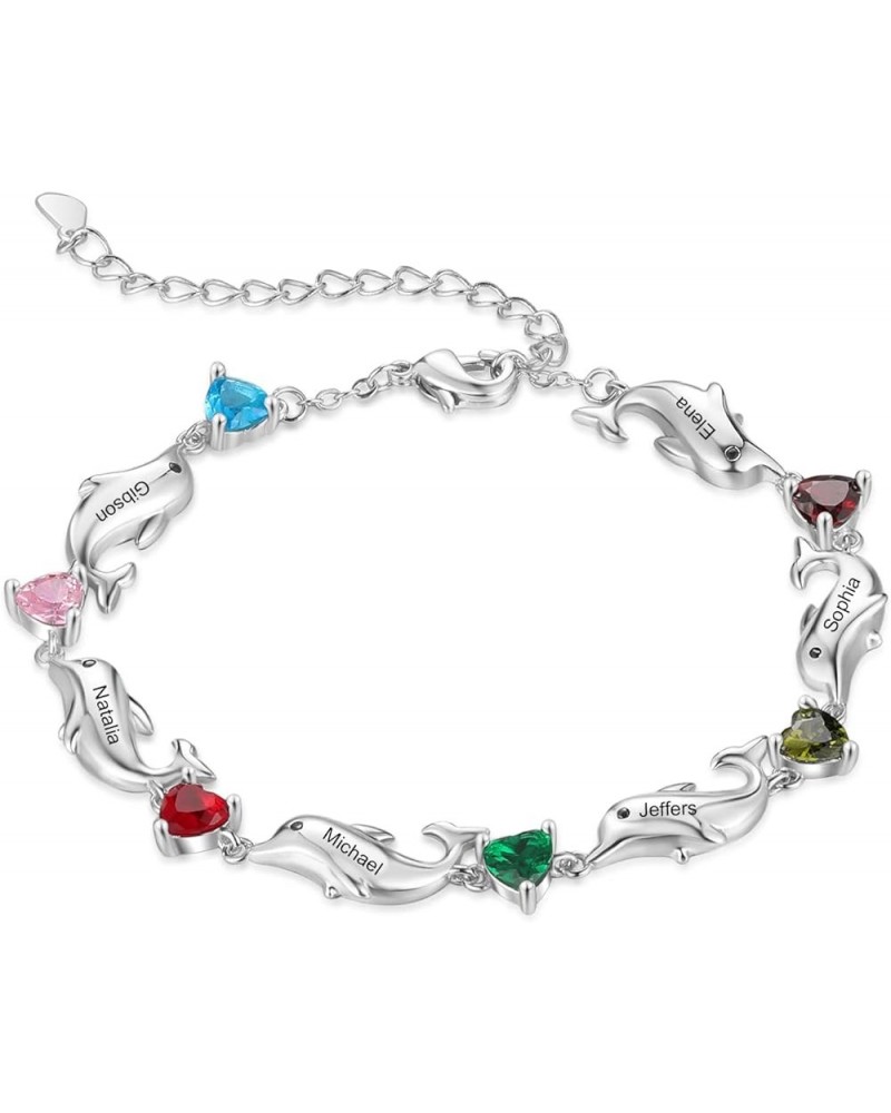 Personalized Dolphin Bracelet with Heart Simulated Birthstones, Custom 2-6 Names Anklet Gifts for Women Mom Grandma 6 Names $...