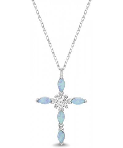 Rhodium Plated Sterling Silver Teardrop Laboratory Created Opal and CZ Cross Pendant Necklace on 18 Inch Cable Chain Necklace...