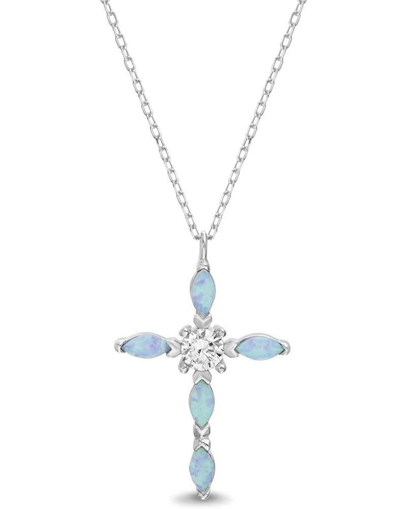 Rhodium Plated Sterling Silver Teardrop Laboratory Created Opal and CZ Cross Pendant Necklace on 18 Inch Cable Chain Necklace...