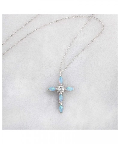 Rhodium Plated Sterling Silver Teardrop Laboratory Created Opal and CZ Cross Pendant Necklace on 18 Inch Cable Chain Necklace...