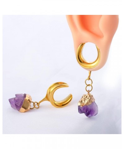 2 PCS Hypoallergenic 316 Stainless Steel Saddle Tunnels Hangers Amethyst Stone Dangle Ear Gauges Plugs Stretcher Earring Body...