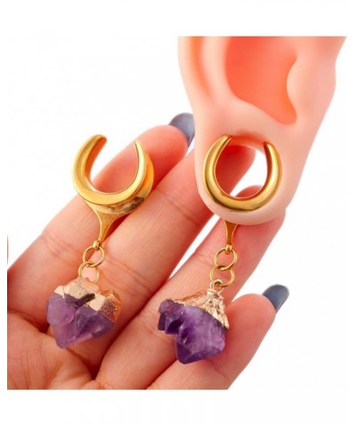 2 PCS Hypoallergenic 316 Stainless Steel Saddle Tunnels Hangers Amethyst Stone Dangle Ear Gauges Plugs Stretcher Earring Body...