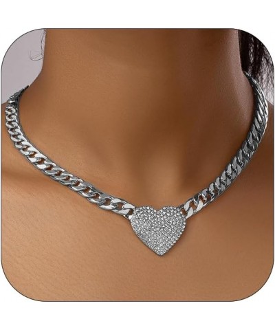 Chunky Heart Necklaces for Women Silver Gold Black Heart Choker Necklace Cuban Link Chain Gold Chunky Necklace CZ Heart Penda...