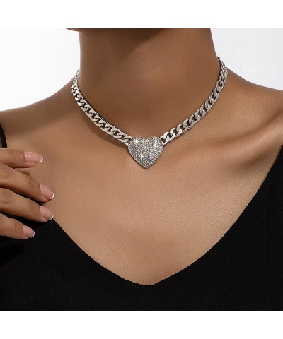 Chunky Heart Necklaces for Women Silver Gold Black Heart Choker Necklace Cuban Link Chain Gold Chunky Necklace CZ Heart Penda...