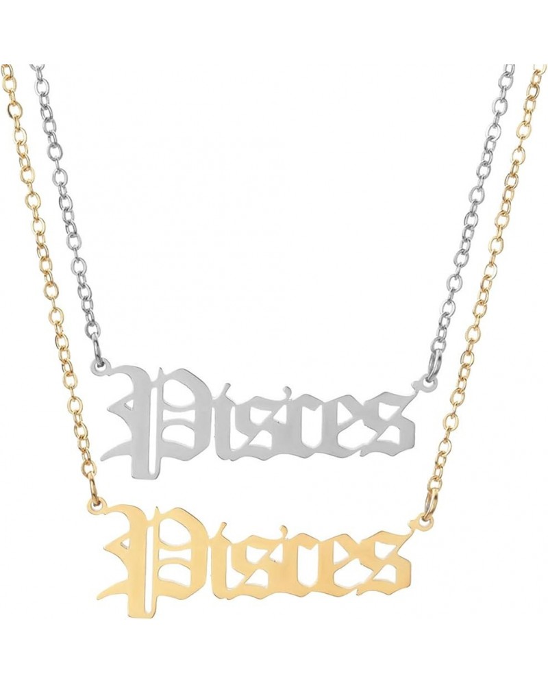 2Pcs Zodiac Necklace for Women Stainless Steel Zodiac Sign Necklace for Girls Old English Zodiac Gifts Pisces $7.53 Necklaces