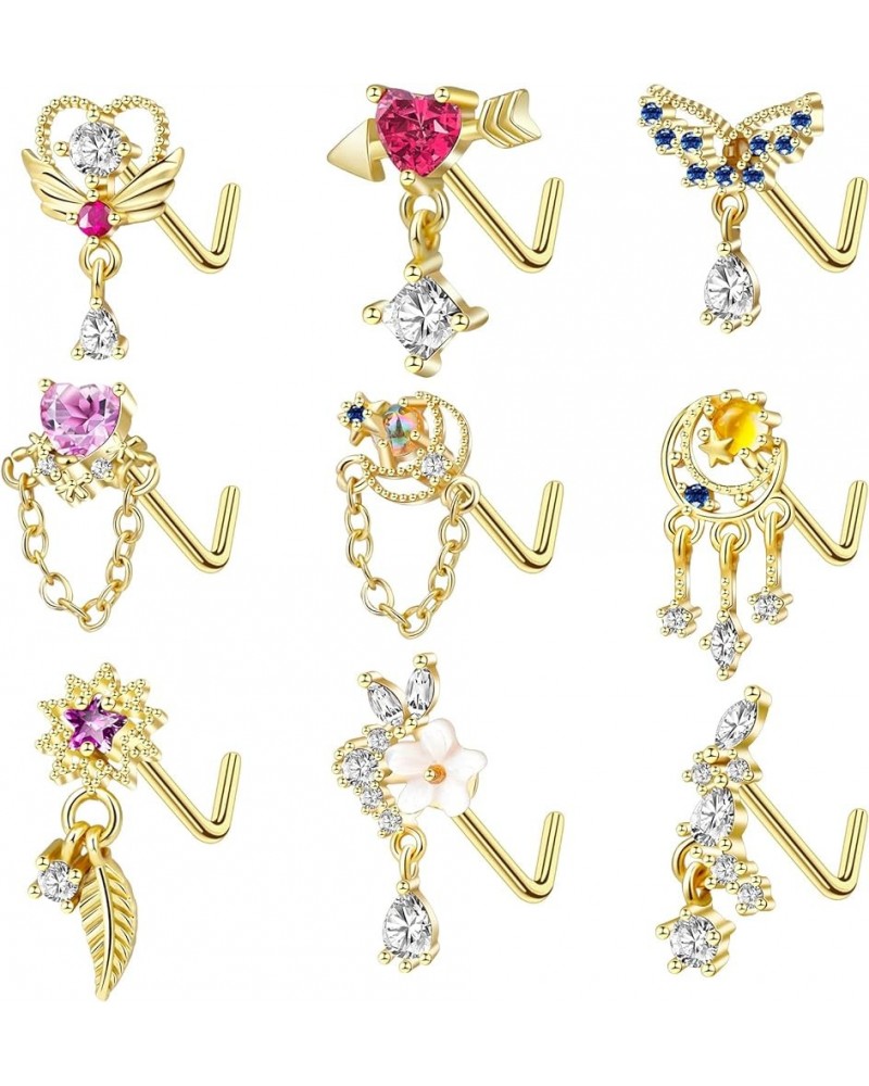 9Pcs Gold Nose Rings Studs Dangle L Shaped Nose Rings for Women 2mm 20G Nose Studs CZ Butterfly Nose Piercing Jewelry danglin...