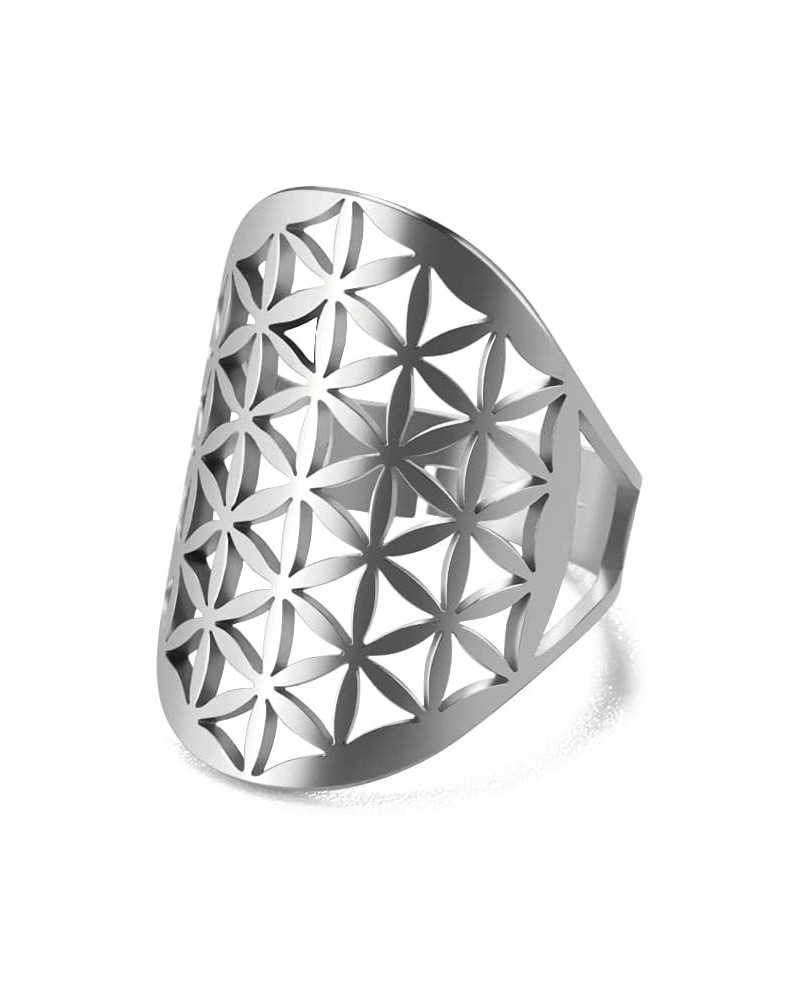 Openwork Flower of Life Ring Stainless Steel Adjustable Open Finger Rings Promise Ring Jewelry Gift for Women Charming Ladies...