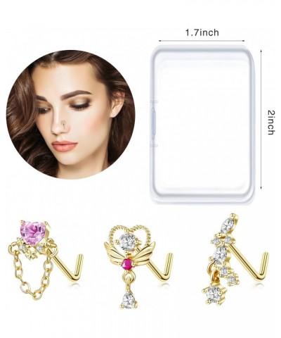 9Pcs Gold Nose Rings Studs Dangle L Shaped Nose Rings for Women 2mm 20G Nose Studs CZ Butterfly Nose Piercing Jewelry danglin...