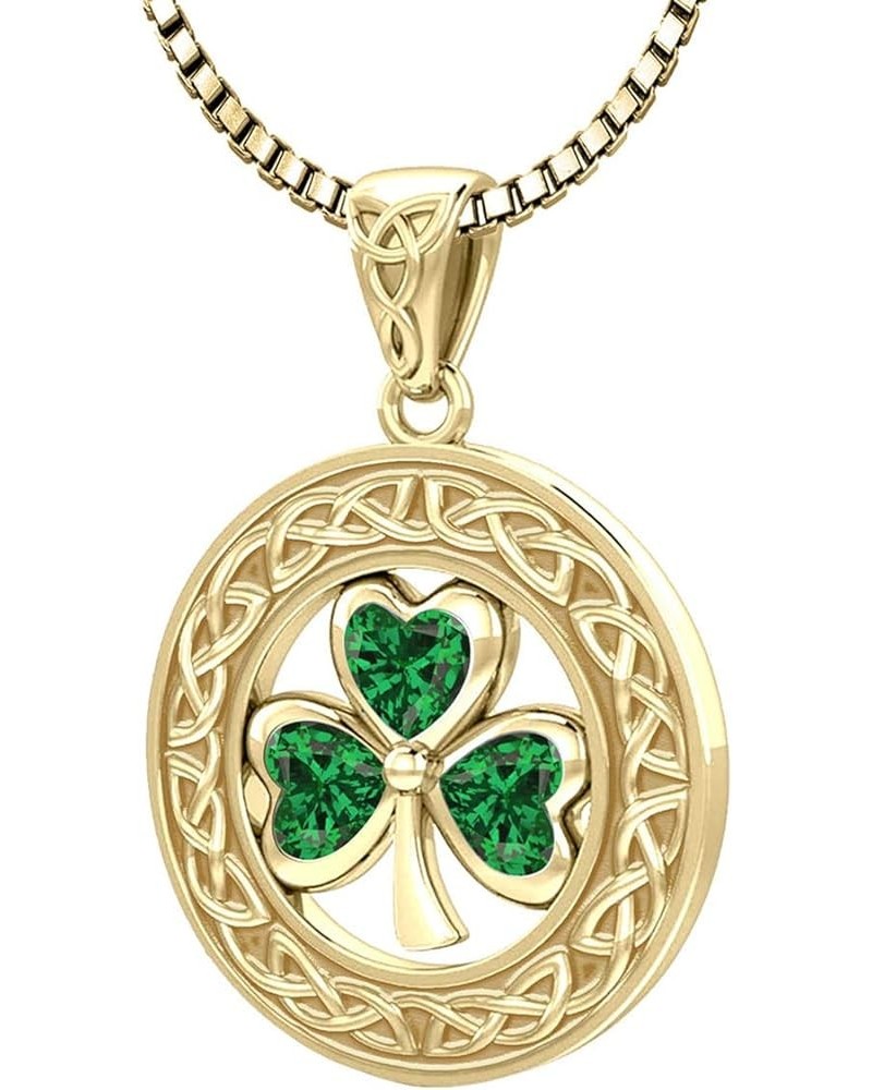 Ladies Solid 14k Yellow Gold 21mm Irish Shamrock 3 Leaf Clover Synthetic Emerald May Birthstone Pendant Necklace, 16in to 24i...