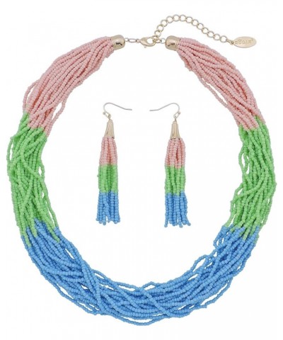 Multi Layer Beaded Statement Necklace Set Mix Strand Necklace and earrings for Women Gift pink+green+blue $14.03 Necklaces