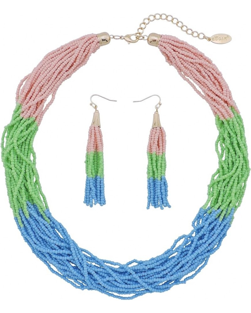 Multi Layer Beaded Statement Necklace Set Mix Strand Necklace and earrings for Women Gift pink+green+blue $14.03 Necklaces