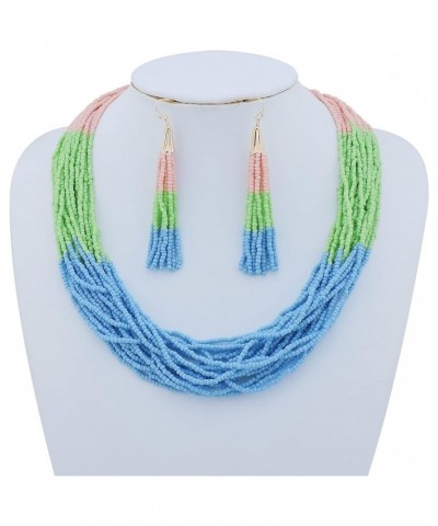 Multi Layer Beaded Statement Necklace Set Mix Strand Necklace and earrings for Women Gift pink+green+blue $14.03 Necklaces