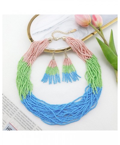 Multi Layer Beaded Statement Necklace Set Mix Strand Necklace and earrings for Women Gift pink+green+blue $14.03 Necklaces