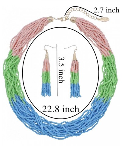 Multi Layer Beaded Statement Necklace Set Mix Strand Necklace and earrings for Women Gift pink+green+blue $14.03 Necklaces