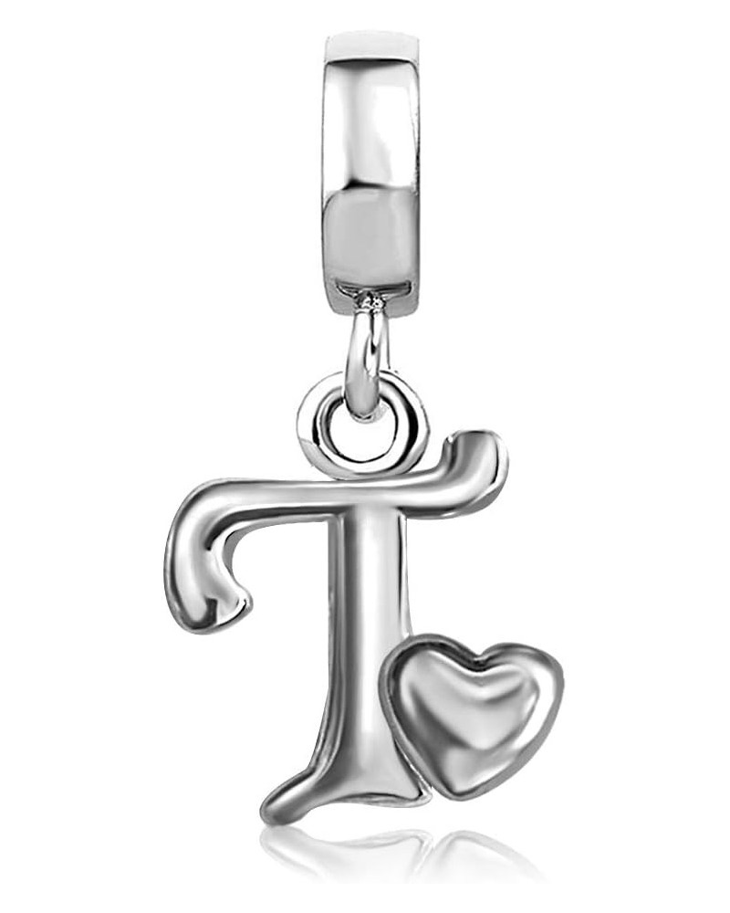 Initial A-Z Letter Charm with Heart Dangle Beads Compatible With Pandora Charms Bracelets T $7.50 Bracelets