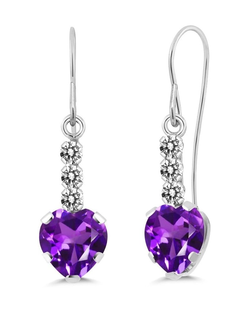 14K White Gold Purple Amethyst and White Diamond French Wire Dangle Hook Earrings For Women (1.68 Cttw, Gemstone February Bir...