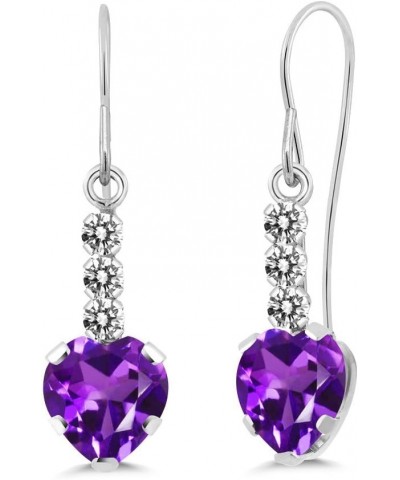 14K White Gold Purple Amethyst and White Diamond French Wire Dangle Hook Earrings For Women (1.68 Cttw, Gemstone February Bir...