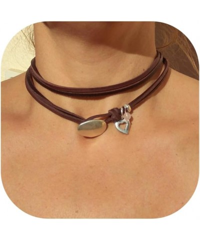 Minimalist Brown Leather Choker Necklace for Women Boho Layered Necklace Jewelry Heart $8.31 Necklaces