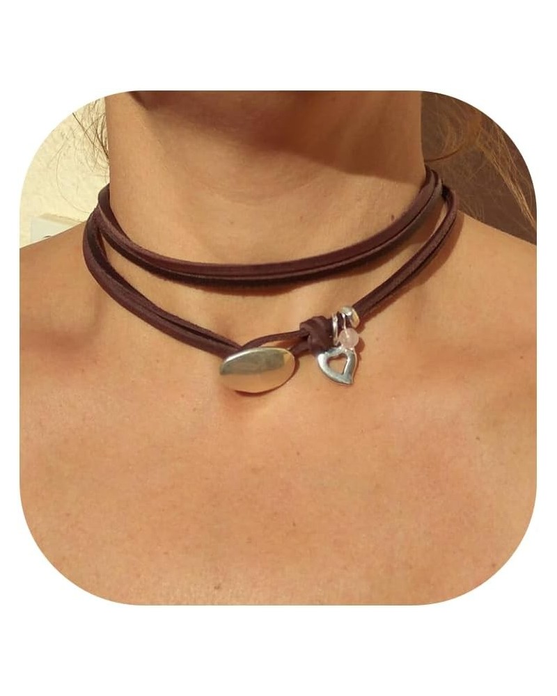 Minimalist Brown Leather Choker Necklace for Women Boho Layered Necklace Jewelry Heart $8.31 Necklaces