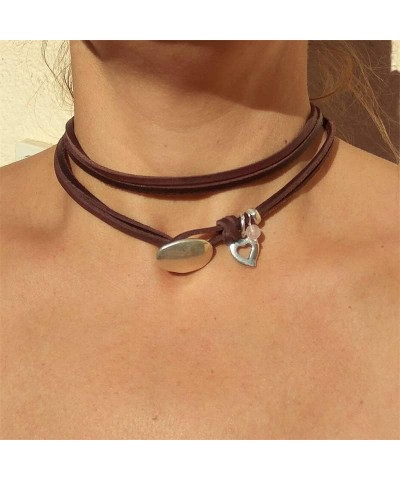 Minimalist Brown Leather Choker Necklace for Women Boho Layered Necklace Jewelry Heart $8.31 Necklaces