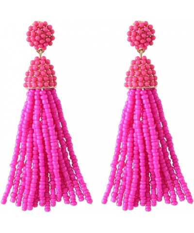 Women's Beaded tassel earrings Long Fringe Drop Earrings Dangle 6 Colors hot pink $9.55 Earrings