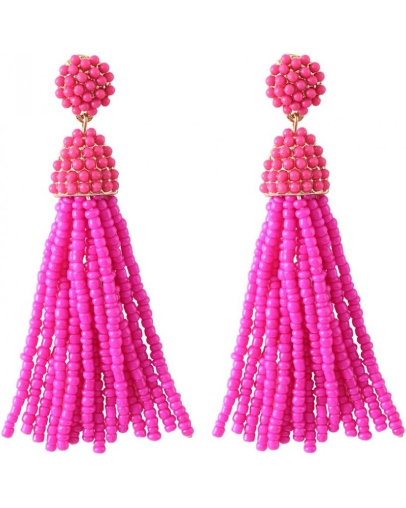 Women's Beaded tassel earrings Long Fringe Drop Earrings Dangle 6 Colors hot pink $9.55 Earrings