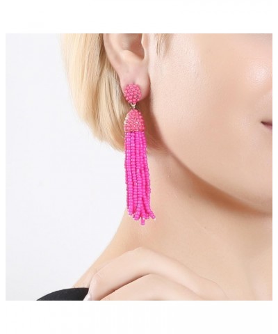 Women's Beaded tassel earrings Long Fringe Drop Earrings Dangle 6 Colors hot pink $9.55 Earrings