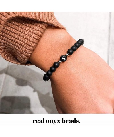 Natural Black Onyx Stones Bracelet Initial Letter Beads Braided Stress Relief Bracelet for Men Women H-Bracelet $9.95 Bracelets