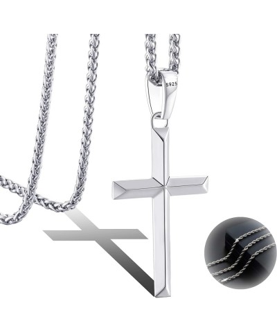 925 Sterling Silver Cross Necklace for Men Women with 3MM Stainless Steel Strong Durable Wheat Chain 18K White Gold Plated Be...