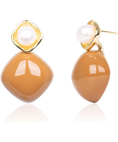 Pearl Rectangle Acrylic Beaded Dangle 14K Gold Plated Earrings For Women Drop Colored Earrings For Girls Brown $9.17 Earrings