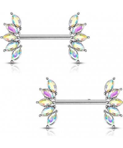 14GA 316L Stainless Steel Crystal Marquise Fan Ends Nipple Barbells, Sold as A Pair Aurora Borealis $9.45 Body Jewelry