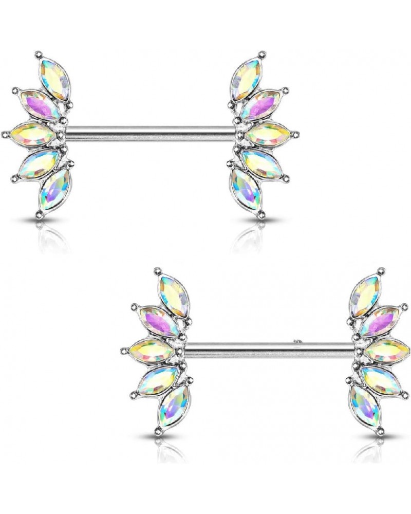 14GA 316L Stainless Steel Crystal Marquise Fan Ends Nipple Barbells, Sold as A Pair Aurora Borealis $9.45 Body Jewelry