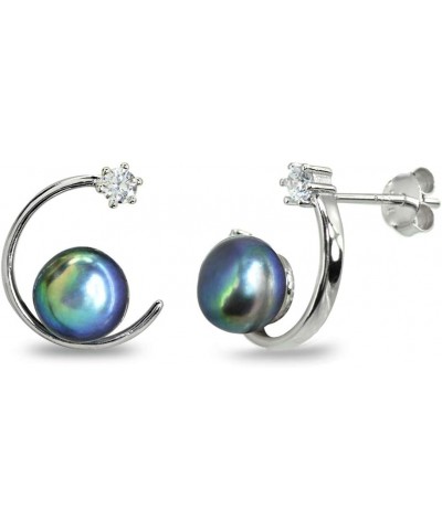 Sterling Silver Cultured Freshwater Pearl & CZ Half Round Drop Earrings Peacock $12.50 Earrings