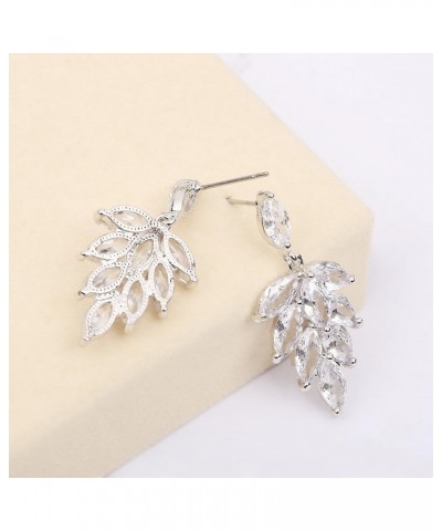 Cubic Zirconia Wedding Jewelry Set Sterling Silver CZ Crystal Rhinestone Floral Leaf Cluster Earrings for Women Leaves Pendan...