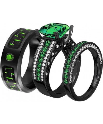 2 Rings His and Hers Couple Rings Black Gold Filled Womens Wedding Ring Sets Princess cut Green Cz Titanium Steel Mens Ring w...