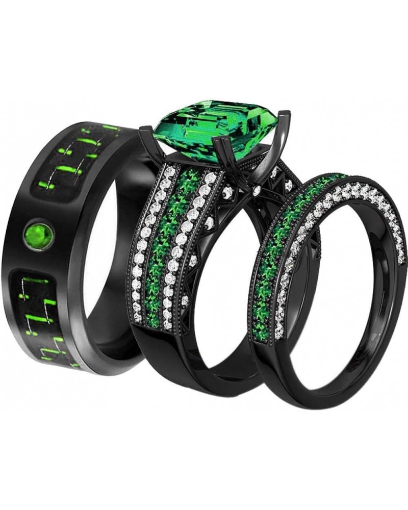 2 Rings His and Hers Couple Rings Black Gold Filled Womens Wedding Ring Sets Princess cut Green Cz Titanium Steel Mens Ring w...