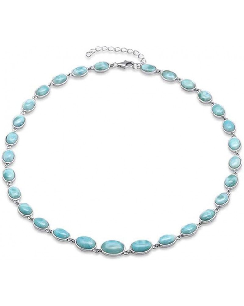 Bezel Set Oval Natural Larimar Linked Fashion Necklace Sterling Silver 16" + 1.5" Ext Natural Larimar $51.61 Necklaces