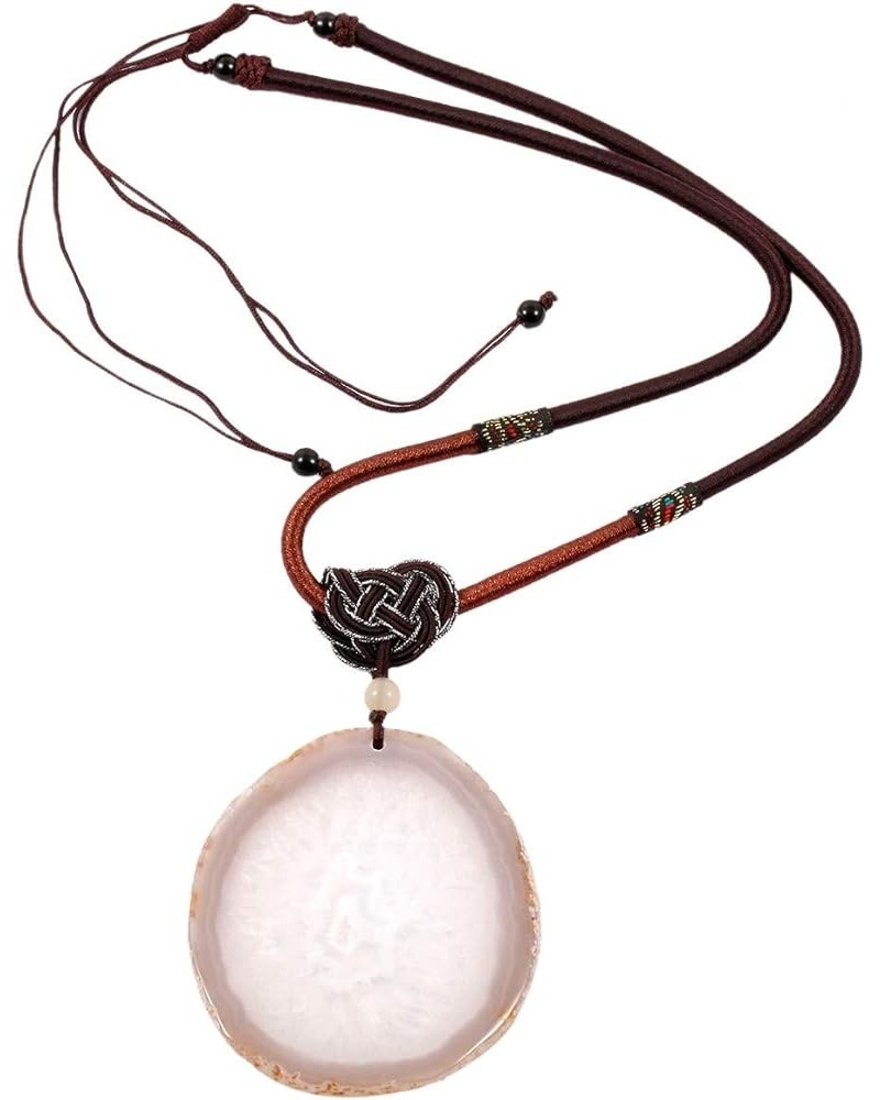 Unisex Round Agate Pendant Necklace, Adjustable Cord Geode Quartz Crystal Pendant Natural Color $10.08 Necklaces