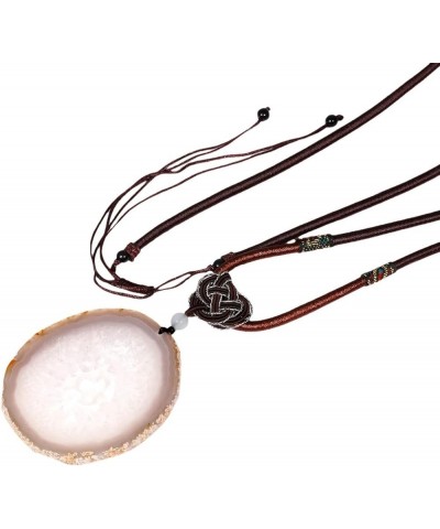 Unisex Round Agate Pendant Necklace, Adjustable Cord Geode Quartz Crystal Pendant Natural Color $10.08 Necklaces