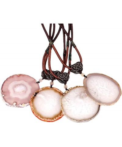 Unisex Round Agate Pendant Necklace, Adjustable Cord Geode Quartz Crystal Pendant Natural Color $10.08 Necklaces