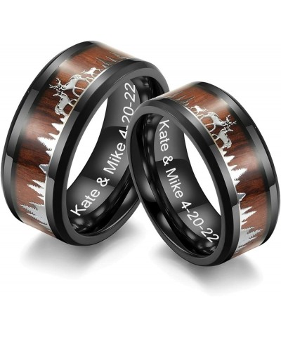 Personalized Couple Ring Set for Him Her 8MM Stainless Steel Deer Stag Forest Silhouette Wood Inlay Bevel Edges Wedding Band ...