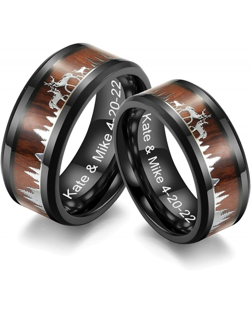 Personalized Couple Ring Set for Him Her 8MM Stainless Steel Deer Stag Forest Silhouette Wood Inlay Bevel Edges Wedding Band ...