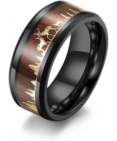 Personalized Couple Ring Set for Him Her 8MM Stainless Steel Deer Stag Forest Silhouette Wood Inlay Bevel Edges Wedding Band ...