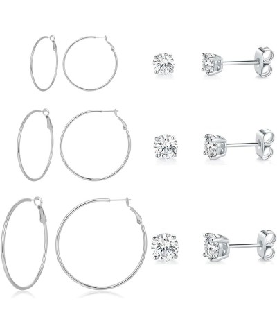 6 Pairs Stainless Steel Stud and Hoop Earrings Set for Women Lightweight Huggie Hoops Hypoallergenic Cubic Zirconia Stud Earr...