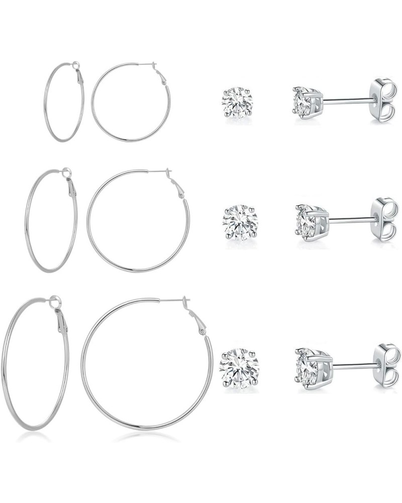 6 Pairs Stainless Steel Stud and Hoop Earrings Set for Women Lightweight Huggie Hoops Hypoallergenic Cubic Zirconia Stud Earr...