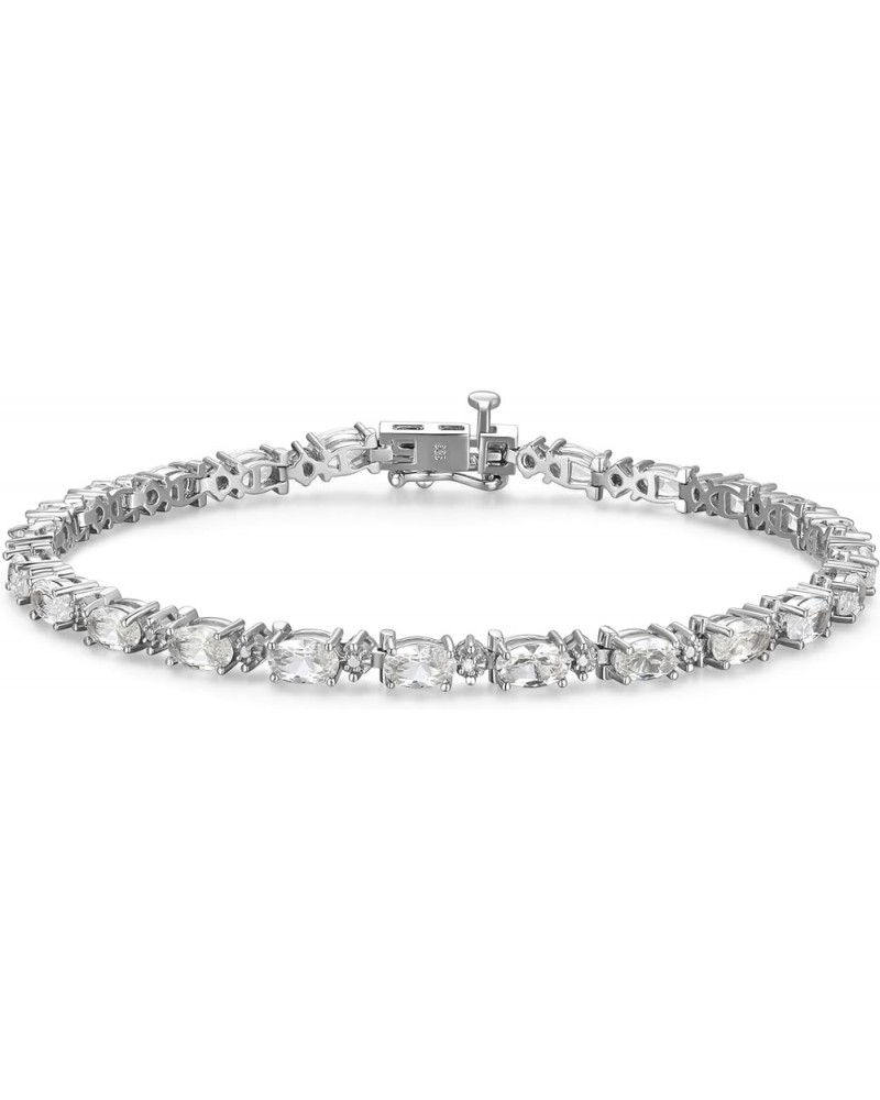 Tennis Bracelet for Women, Diamonds and Oval Gemstones, Birthstone Colors, Pure 925 Sterling Silver with Secure Locking Clasp...