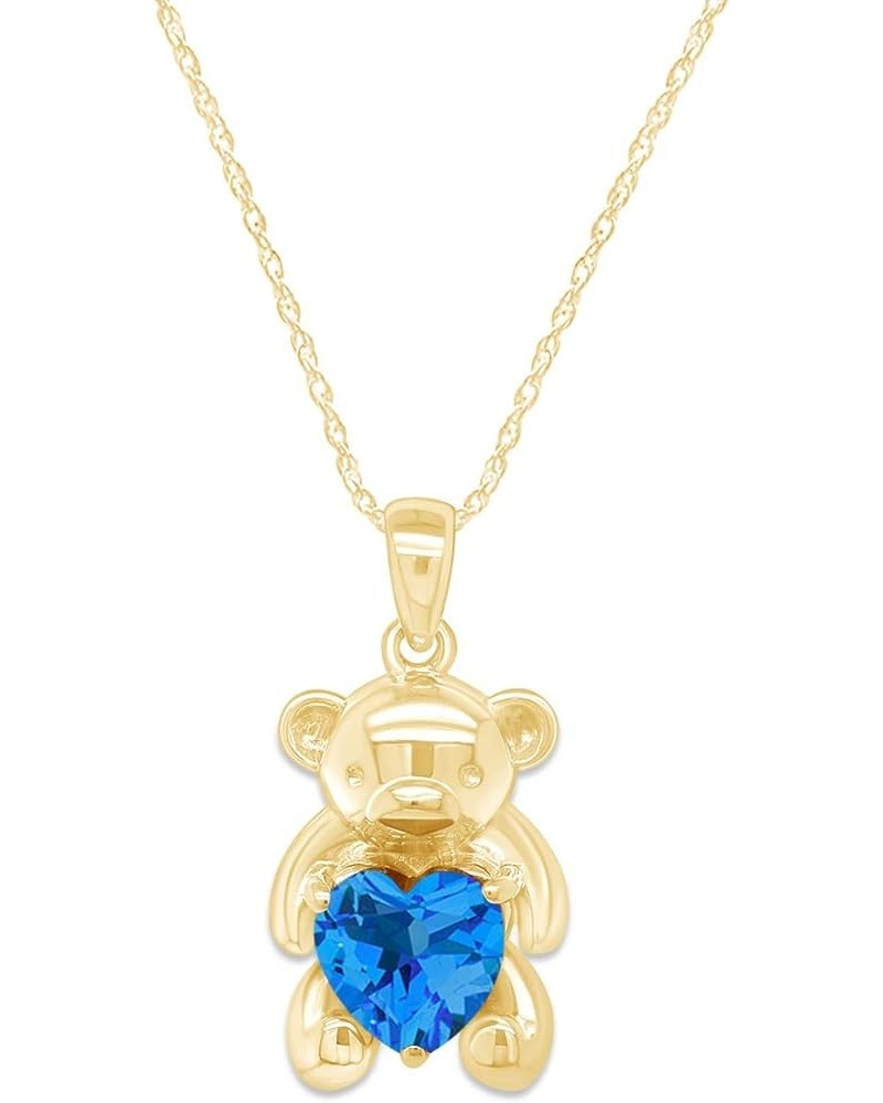 925 Sterling Silver Teddy Bear Pendant Necklace with Simulated Gemstone Love Heart Bear yellow-gold-plated-silver blue topaz ...